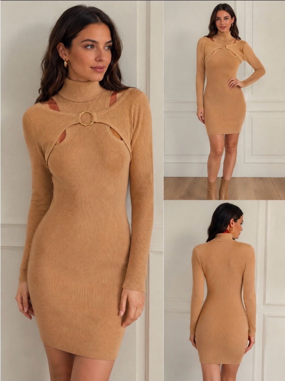 Derek Heart Peach Ribbed Long-Sleeve Mock Neck Cutout Dress. Size L